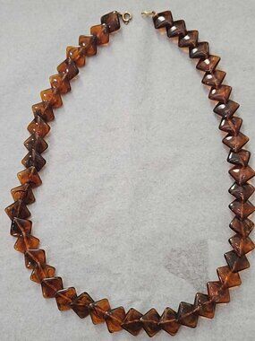 Vintage Trifari Tortoise Lucite Necklace, Marked - 19" - Diamond Square Beads